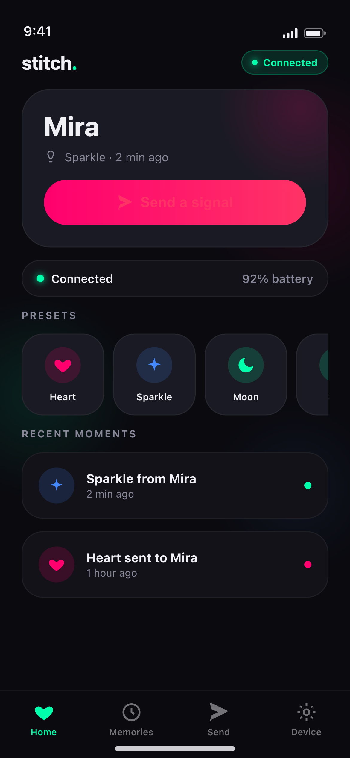 Stitch app Home screen, showing signals for your person
