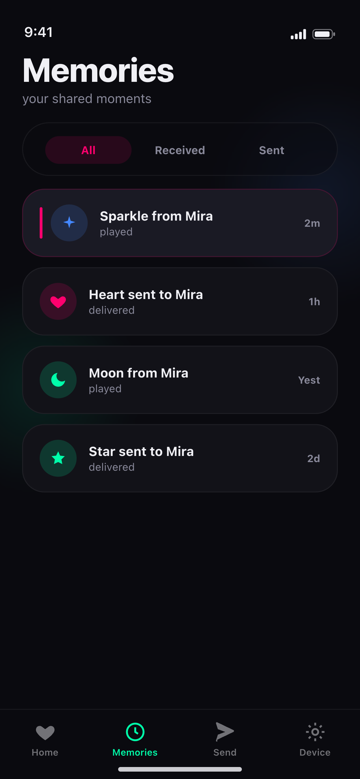 Stitch app Memories screen, showing shared moments